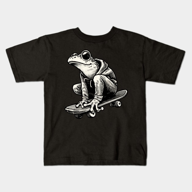 Retro Black and White Frog Skateboarder Kids T-Shirt by TomFrontierArt